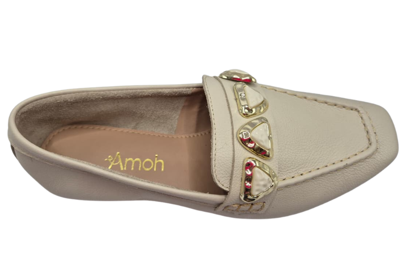 Mocassim Feminino Amoh Nude com Pérolas | Salto Sete