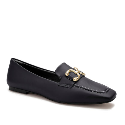 Mocassim Feminino Preto Fivela Dourada | Salto Sete
