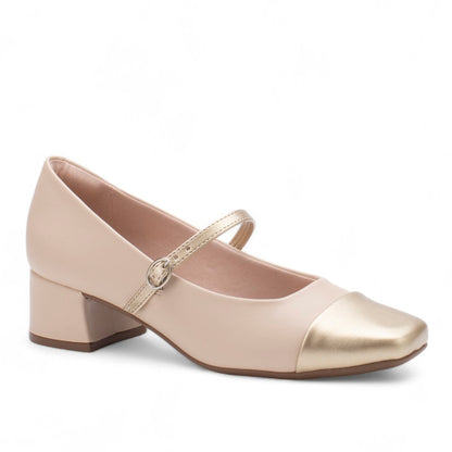 SAPATO FEMININO COM SALTO BICOLOR AREIA