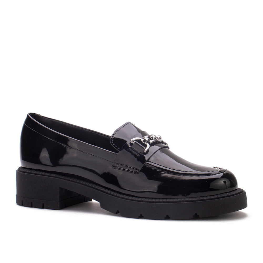 Mocassim Alice Verniz Preto Chunky | Salto Sete