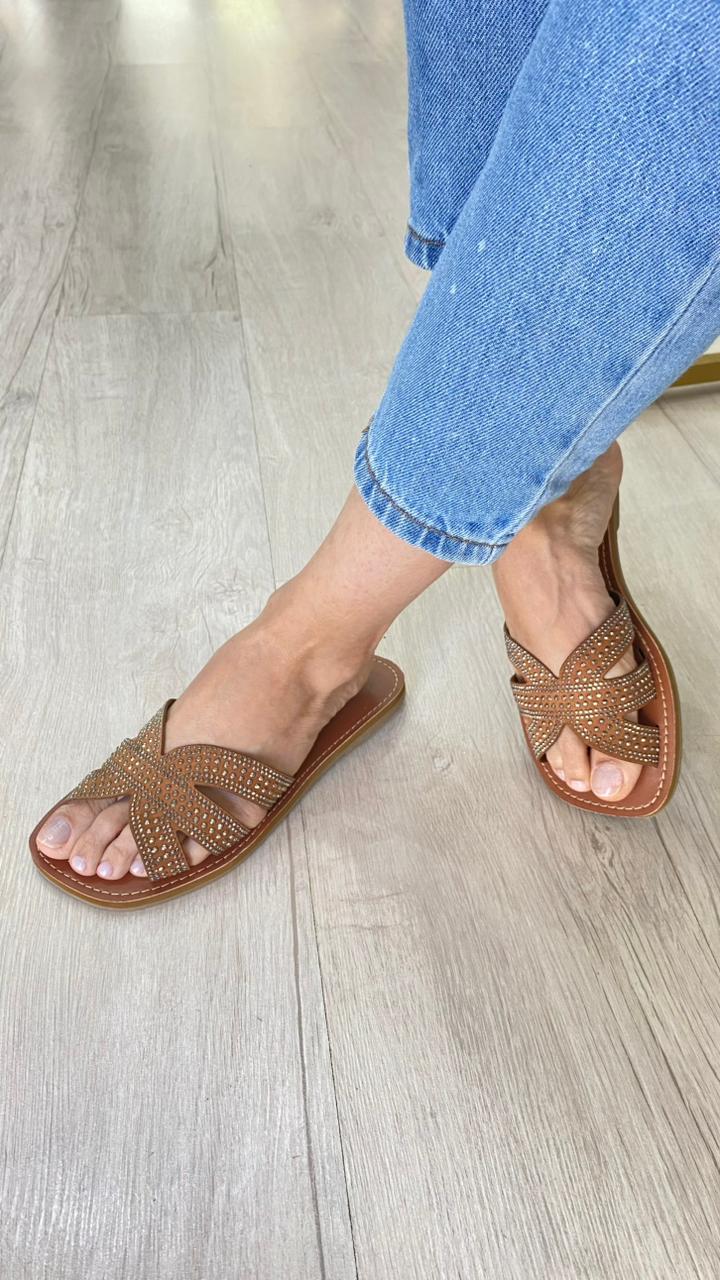 Rasteira Feminina Caramelo com Strass | Salto Sete